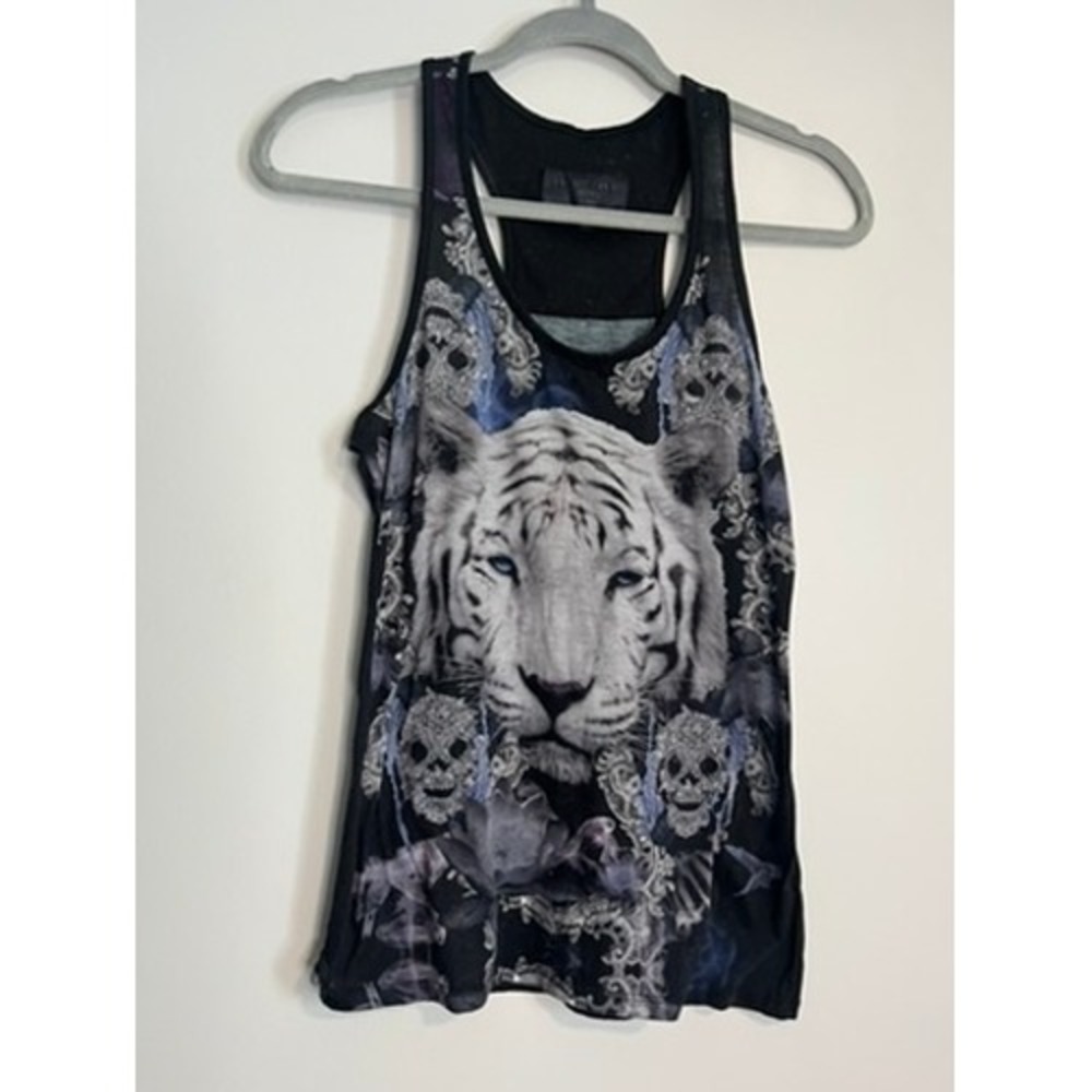 Philipp Plein Couture Womens Black White Tiger Skull Graphic Racerback Tank Top